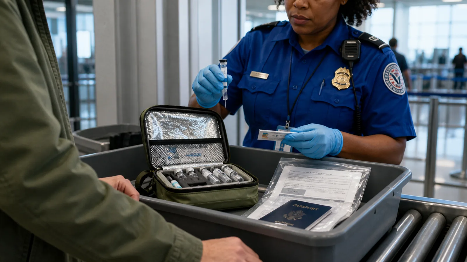 A documentary scene showing organized travel with labels, documents, insulated storage, and temperature checks.