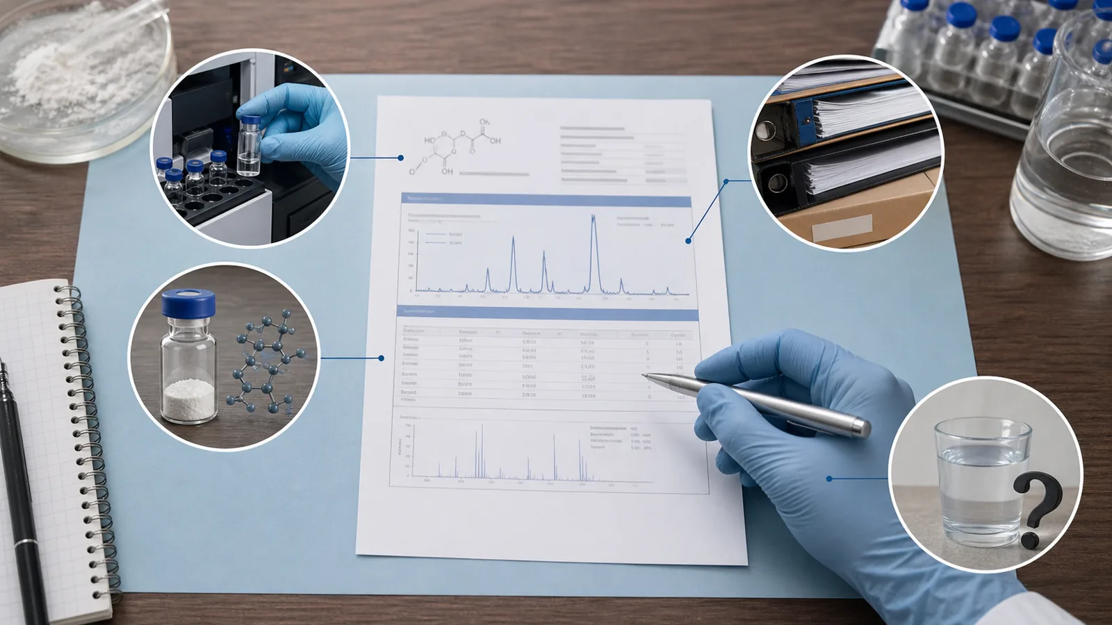 An editorial diagram showing analytical testing, document provenance, identity, purity, and unanswered quality questions.