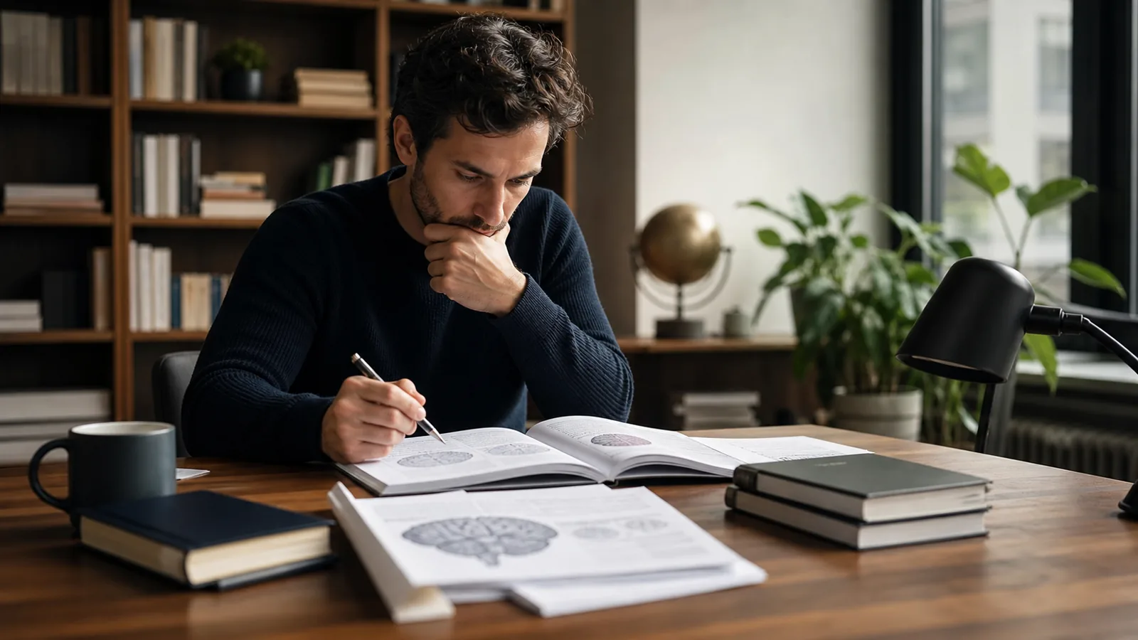 A documentary scene showing an adult carefully reading research and organizing notes.