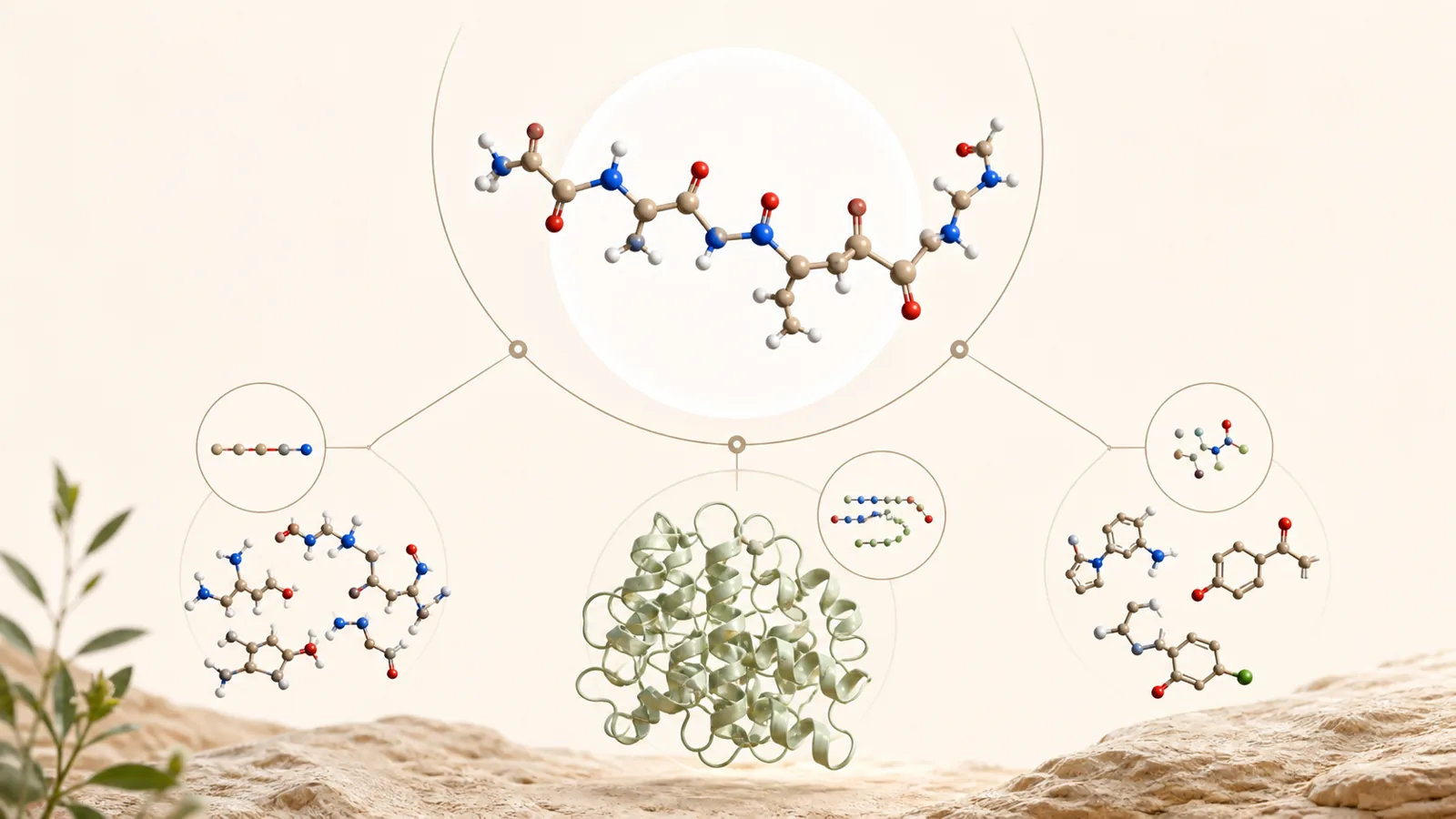 An editorial diagram showing a molecular classification that distinguishes peptides from proteins or other compounds.