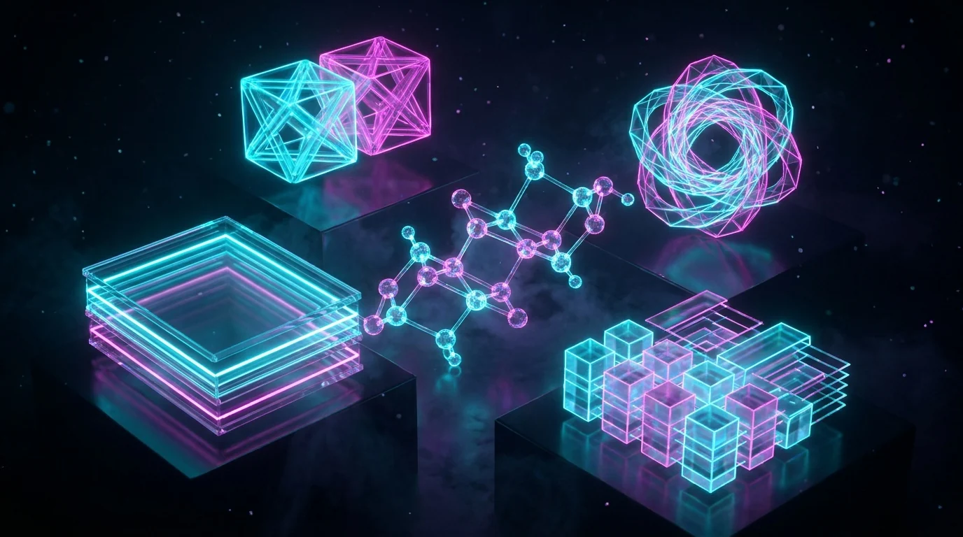 Original visual of connected research tools represented by luminous scientific modules