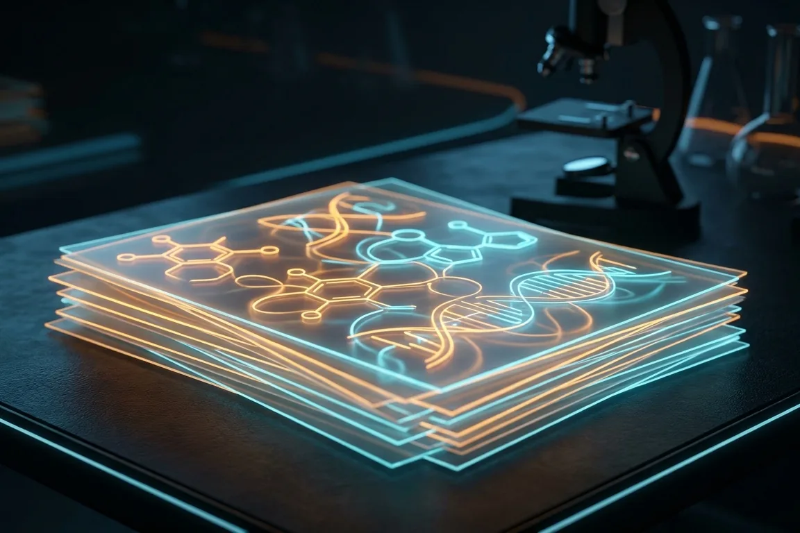 Illustrated science research display with a brain, molecular structures, and a digital interface
