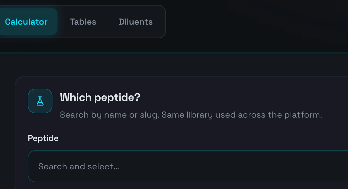 PeptideSchool calculator interface preview with vial, liquid volume, and measuring inputs