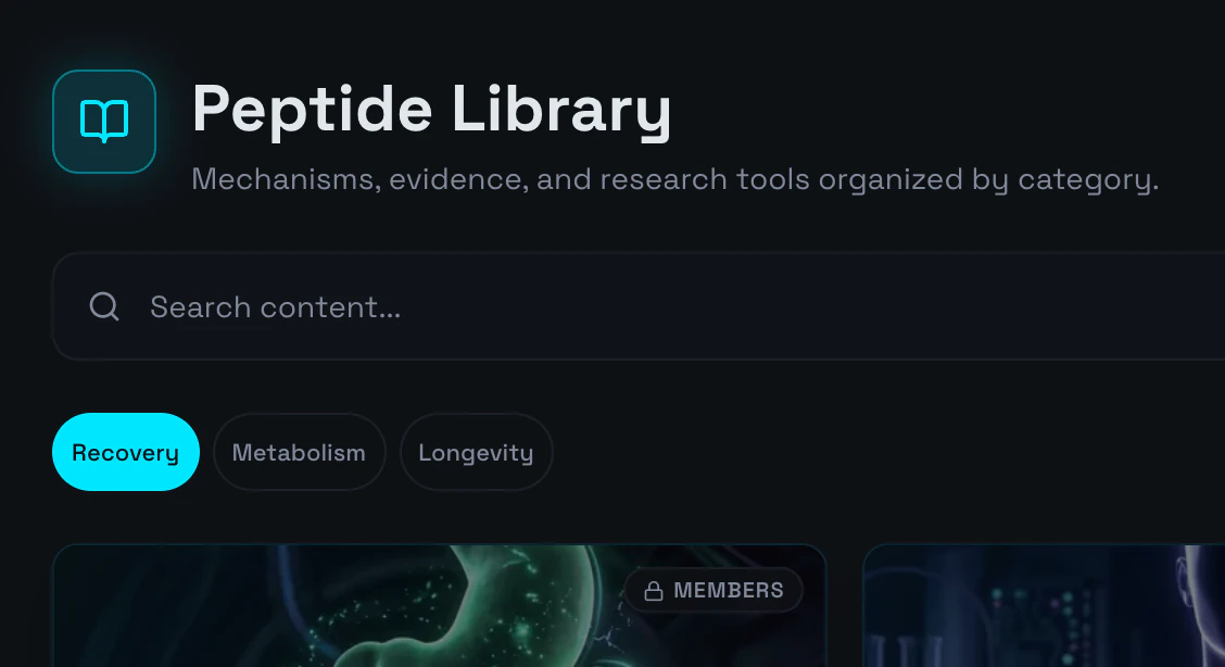 Actual PeptideSchool research library with searchable peptide profiles and categories