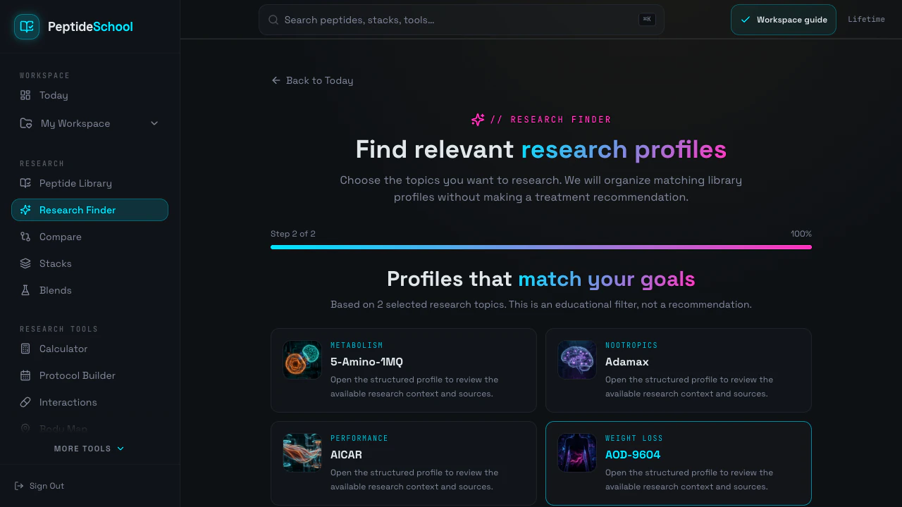 PeptideSchool Research Finder showing matched profiles in the real workspace
