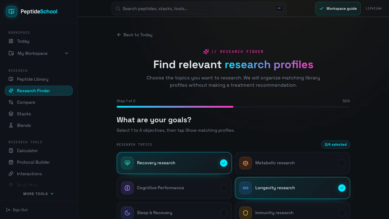 PeptideSchool Research Finder with selected research topics in the real workspace